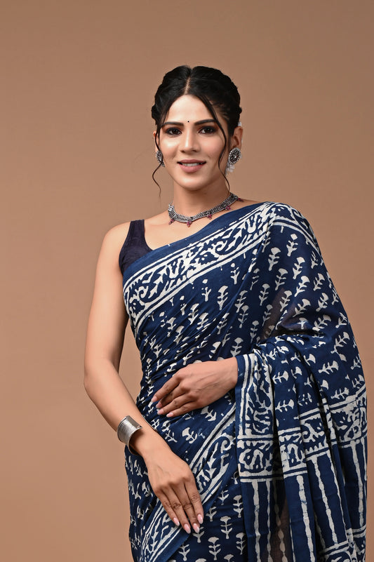 Hand Block Printed Pure mul Cotton Saree