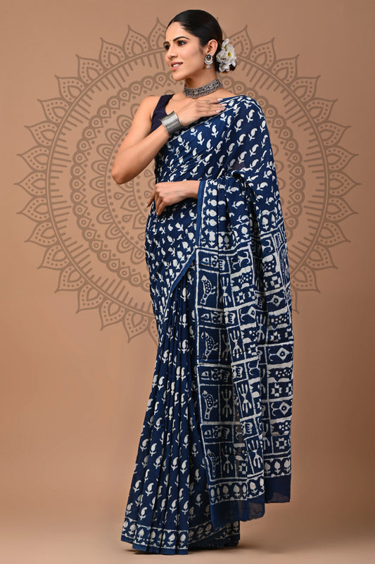 Hand Block Printed Pure mul Cotton Saree