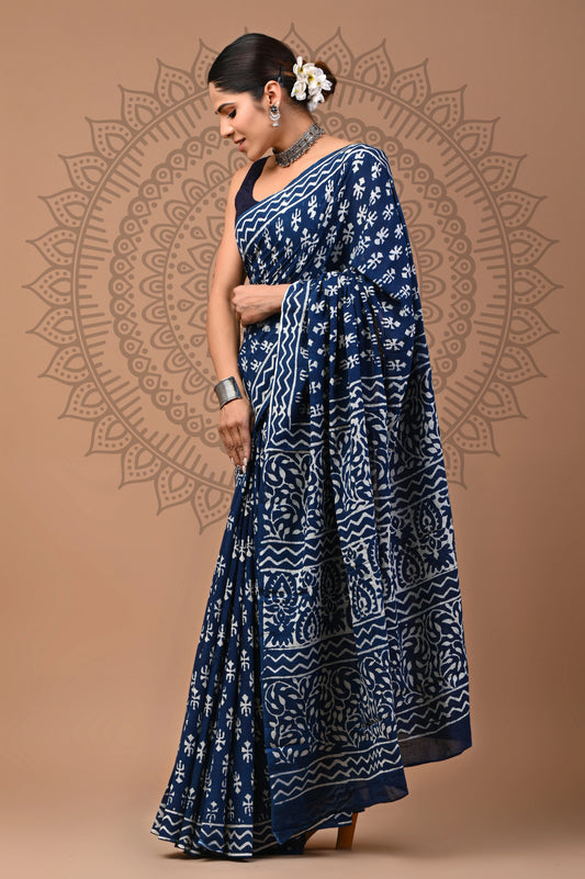 Hand Block Printed Pure mul Cotton Saree