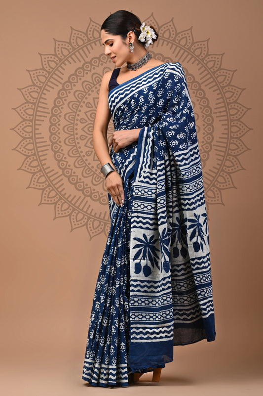 Hand Block Printed Pure mul Cotton Saree