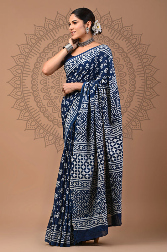 Hand Block Printed Pure mul Cotton Saree