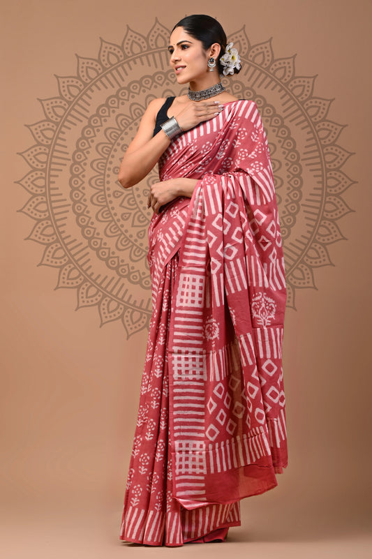 Hand Block Printed Pure mul Cotton Saree