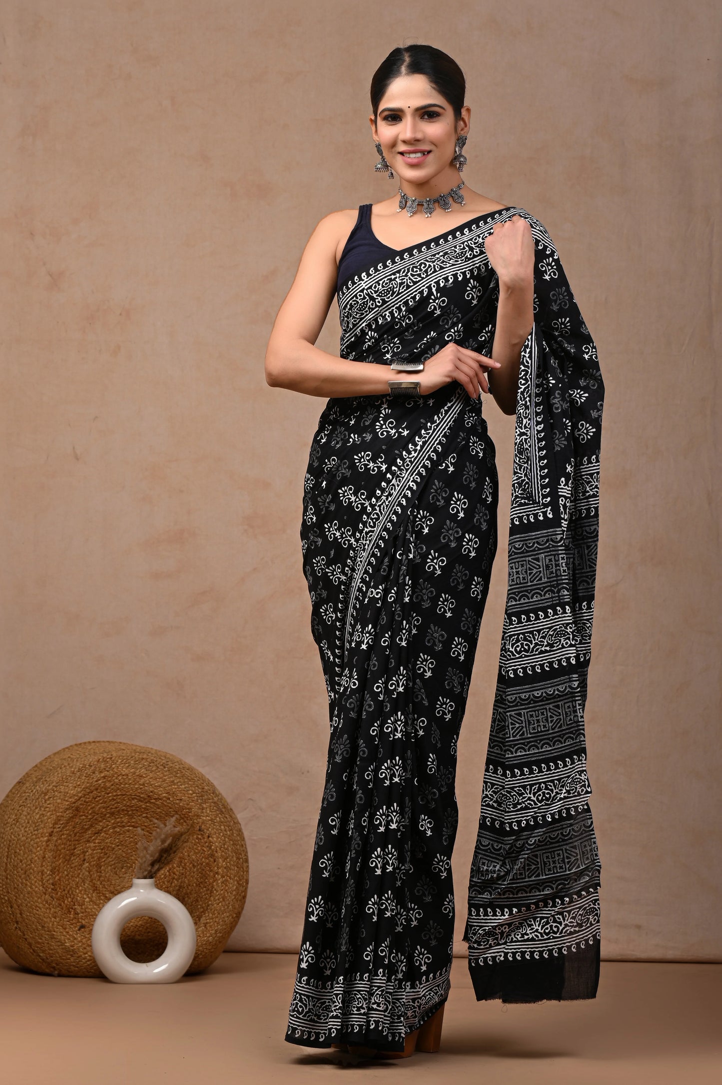 Black & White Block Printed Pure Cotton Mulmul Saree