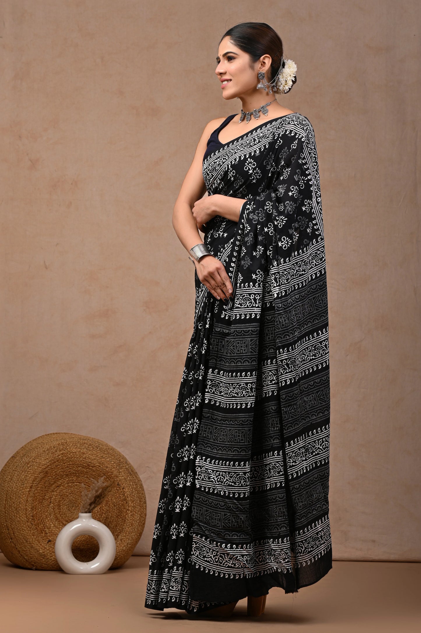 Black & White Block Printed Pure Cotton Mulmul Saree