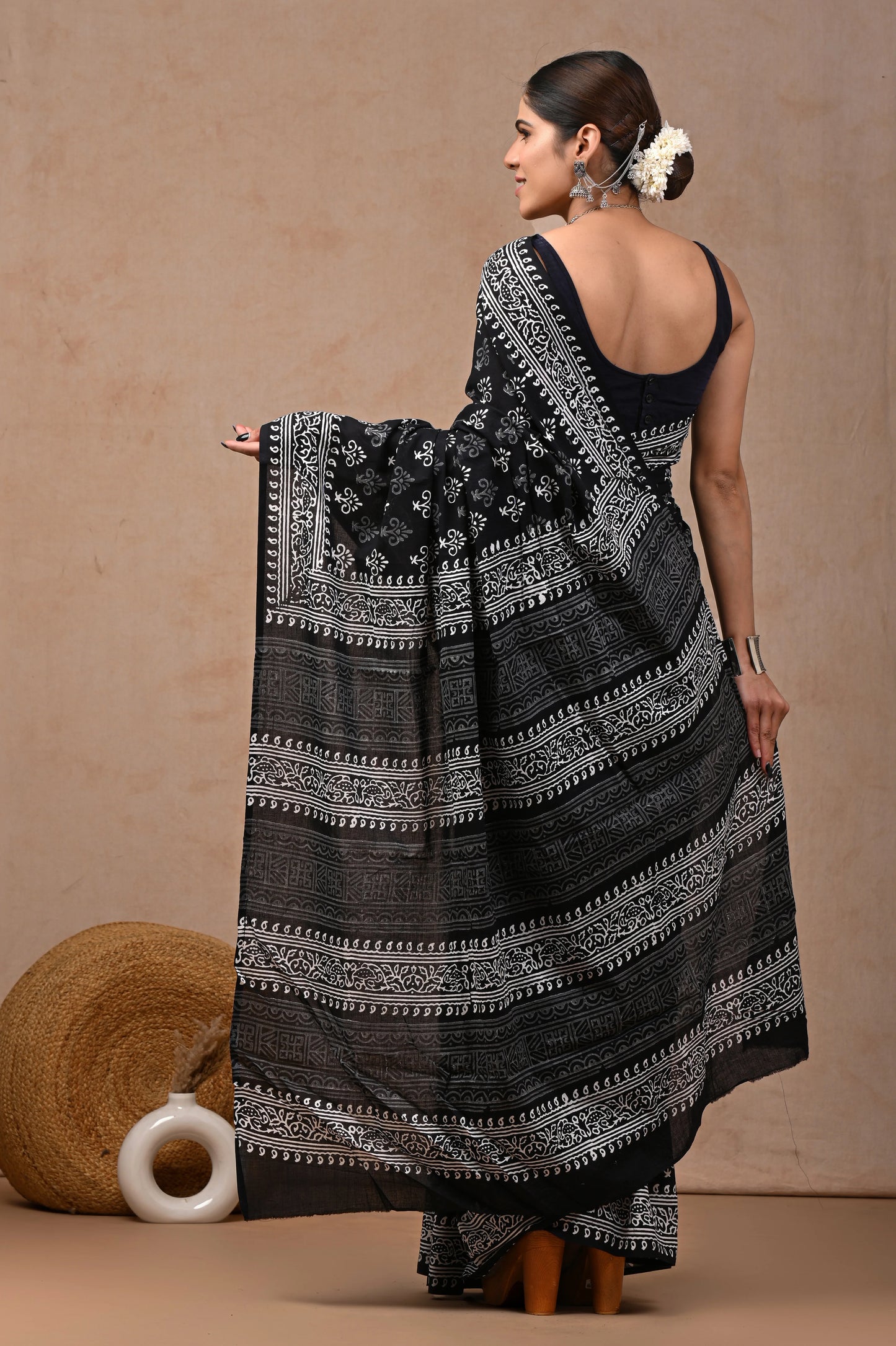 Black & White Block Printed Pure Cotton Mulmul Saree