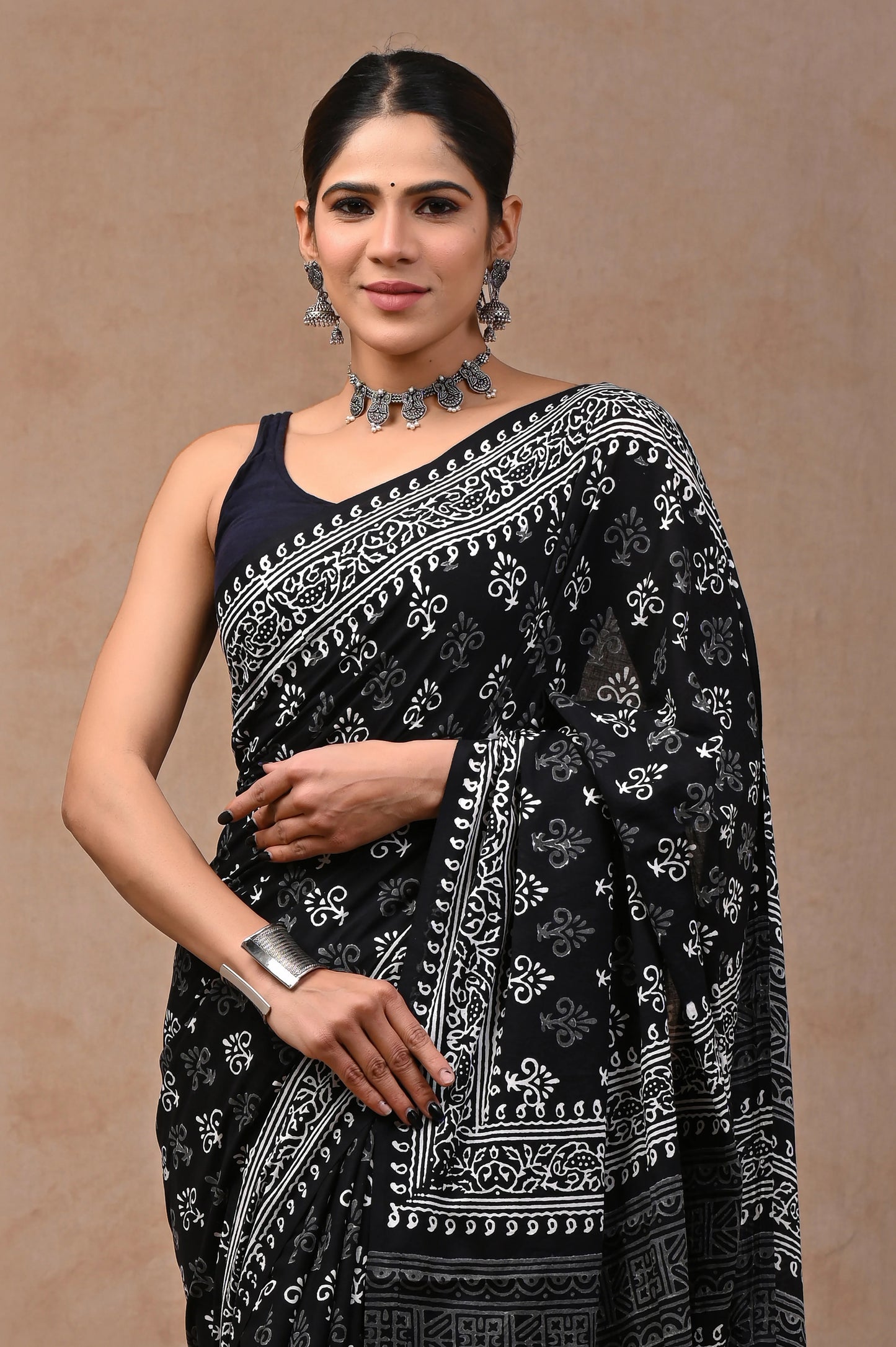 Black & White Block Printed Pure Cotton Mulmul Saree