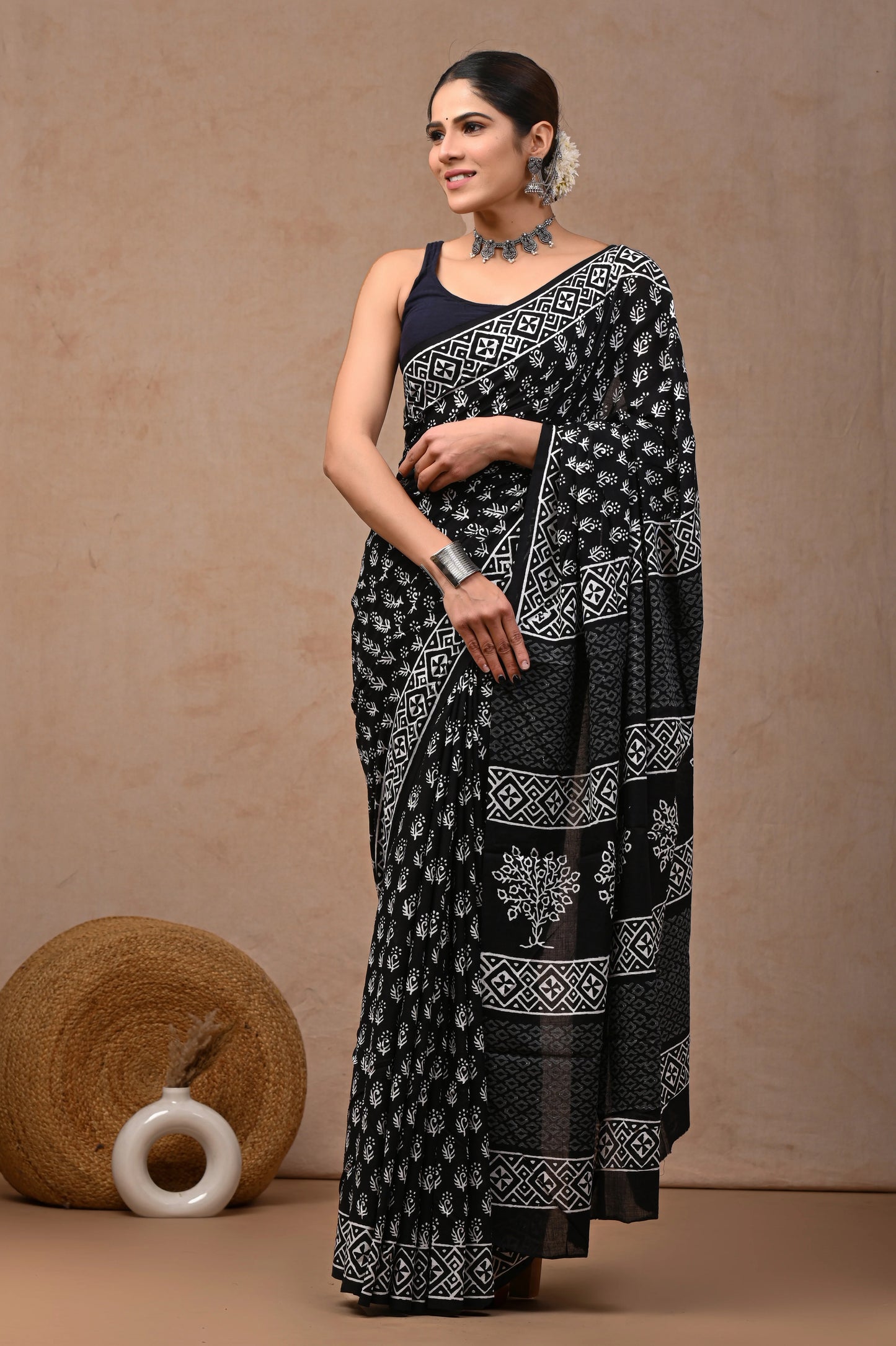 Black & White Block Printed Pure Cotton Mulmul Saree