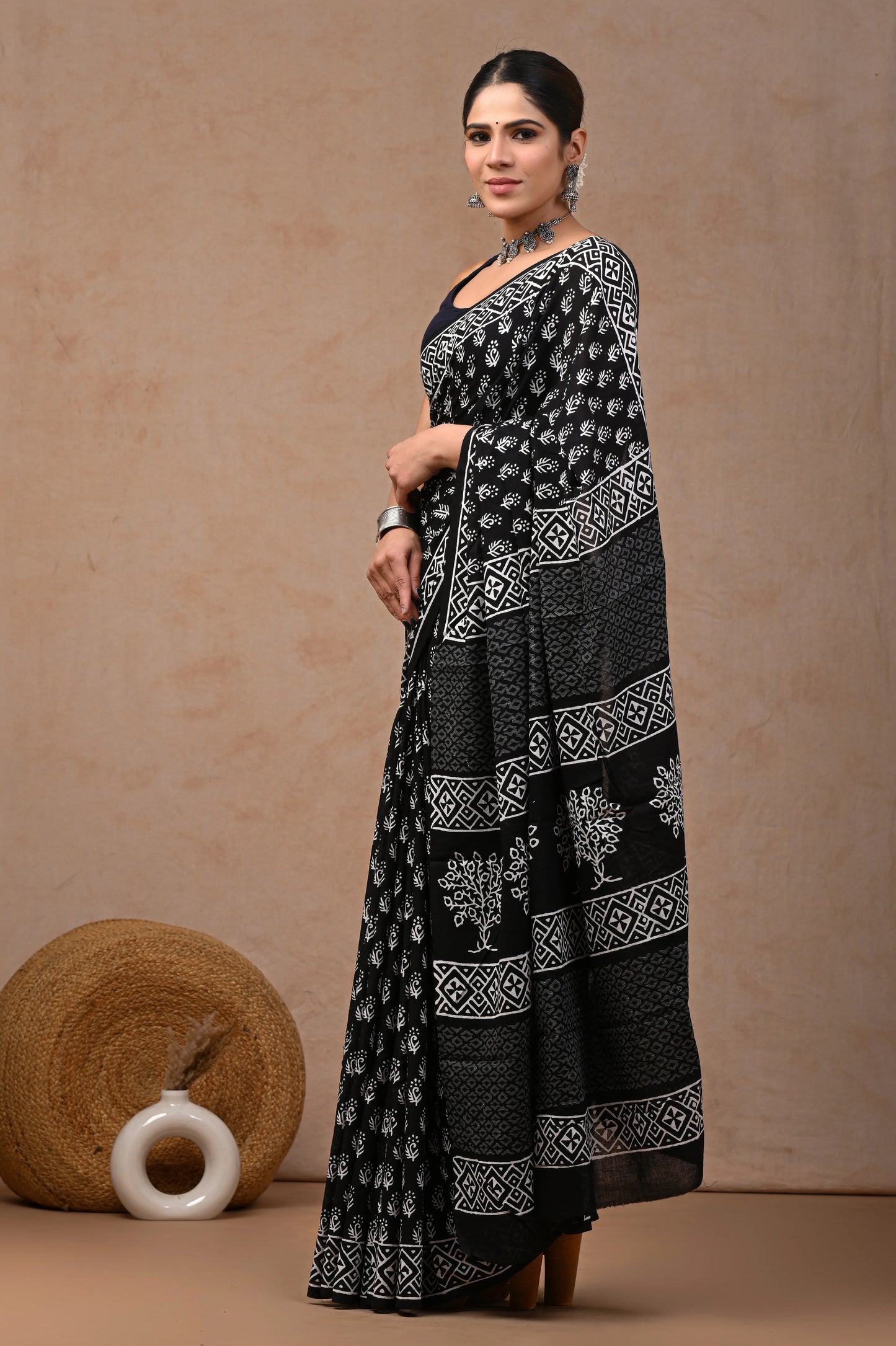 Black & White Block Printed Pure Cotton Mulmul Saree