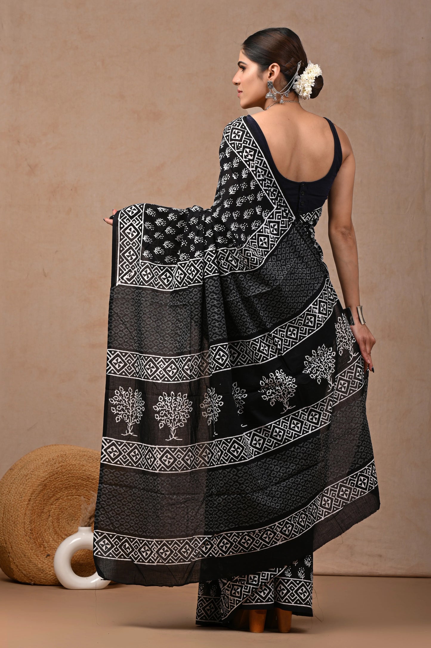 Black & White Block Printed Pure Cotton Mulmul Saree