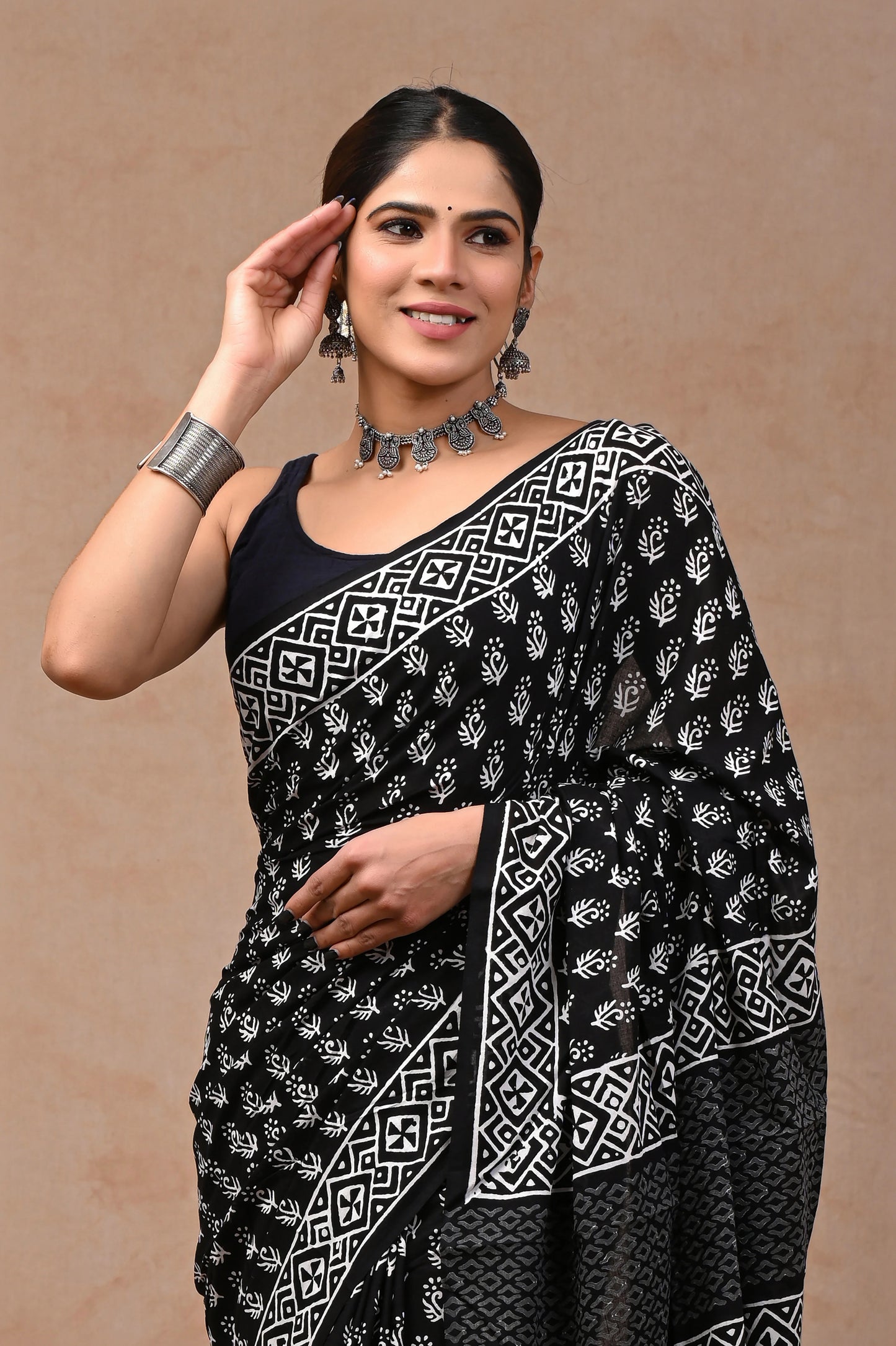 Black & White Block Printed Pure Cotton Mulmul Saree