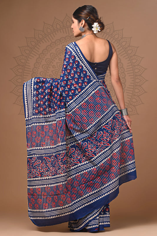 Hand Block Printed Pure mul Cotton Saree