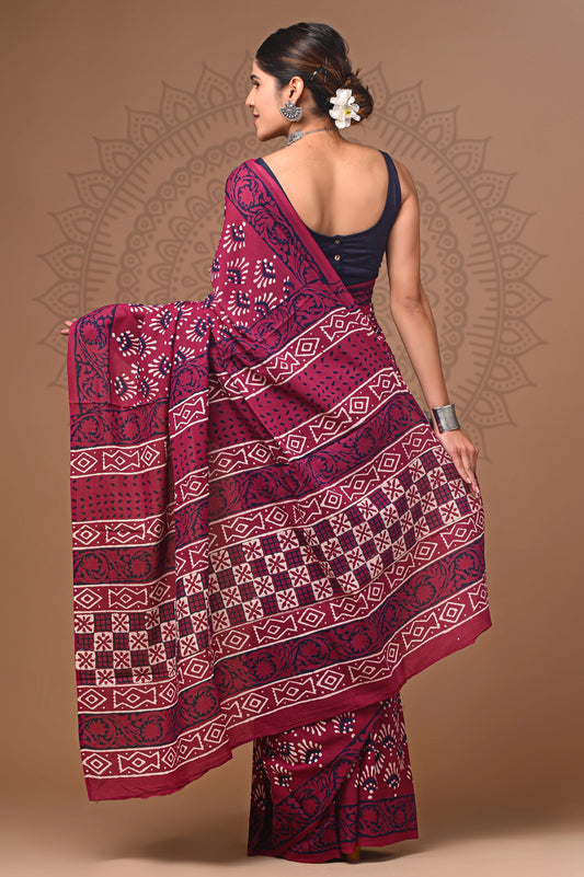 Hand Block Printed Pure mul Cotton Saree