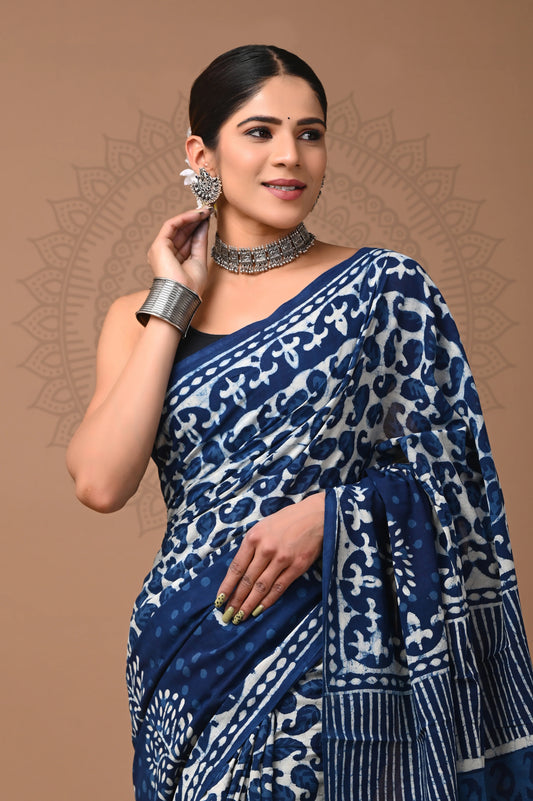 Hand Block Printed Pure mul Cotton Saree