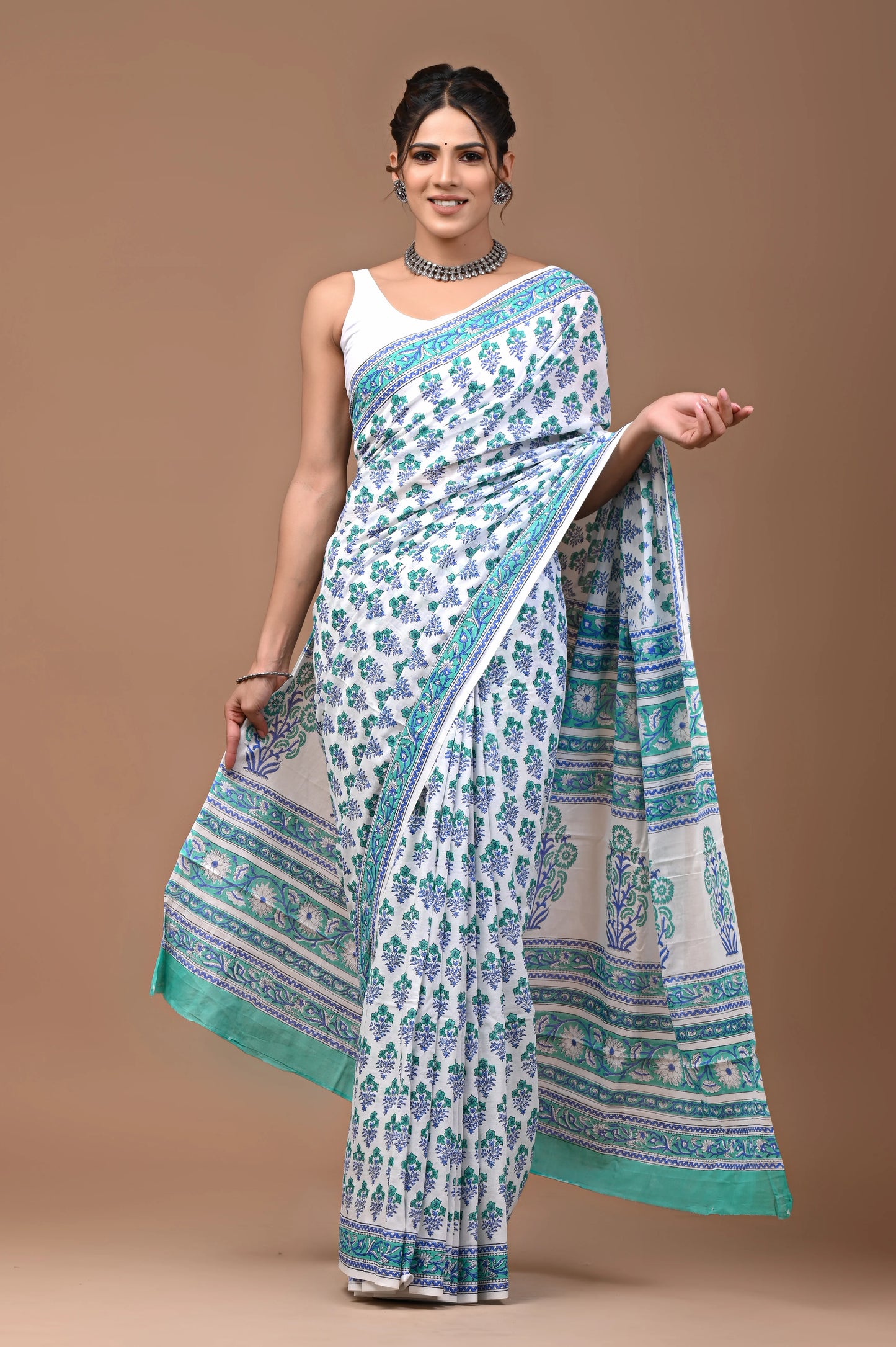 Hand Block Printed Pure mul Cotton Saree