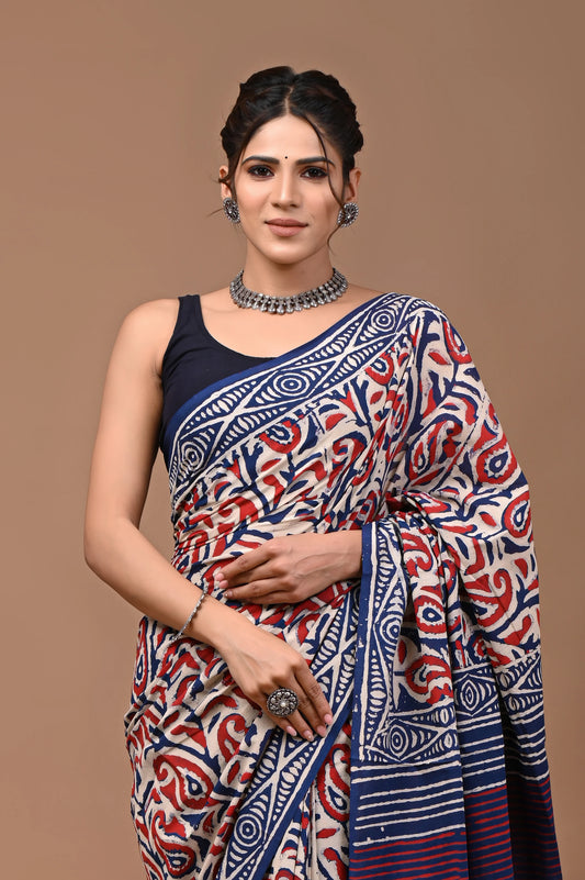 Hand Block Printed Pure mul Cotton Saree