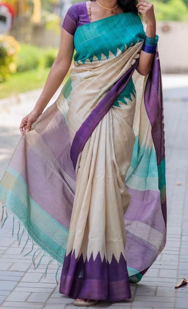 TEMPLE BORDER SEMI TUSSAR SAREE