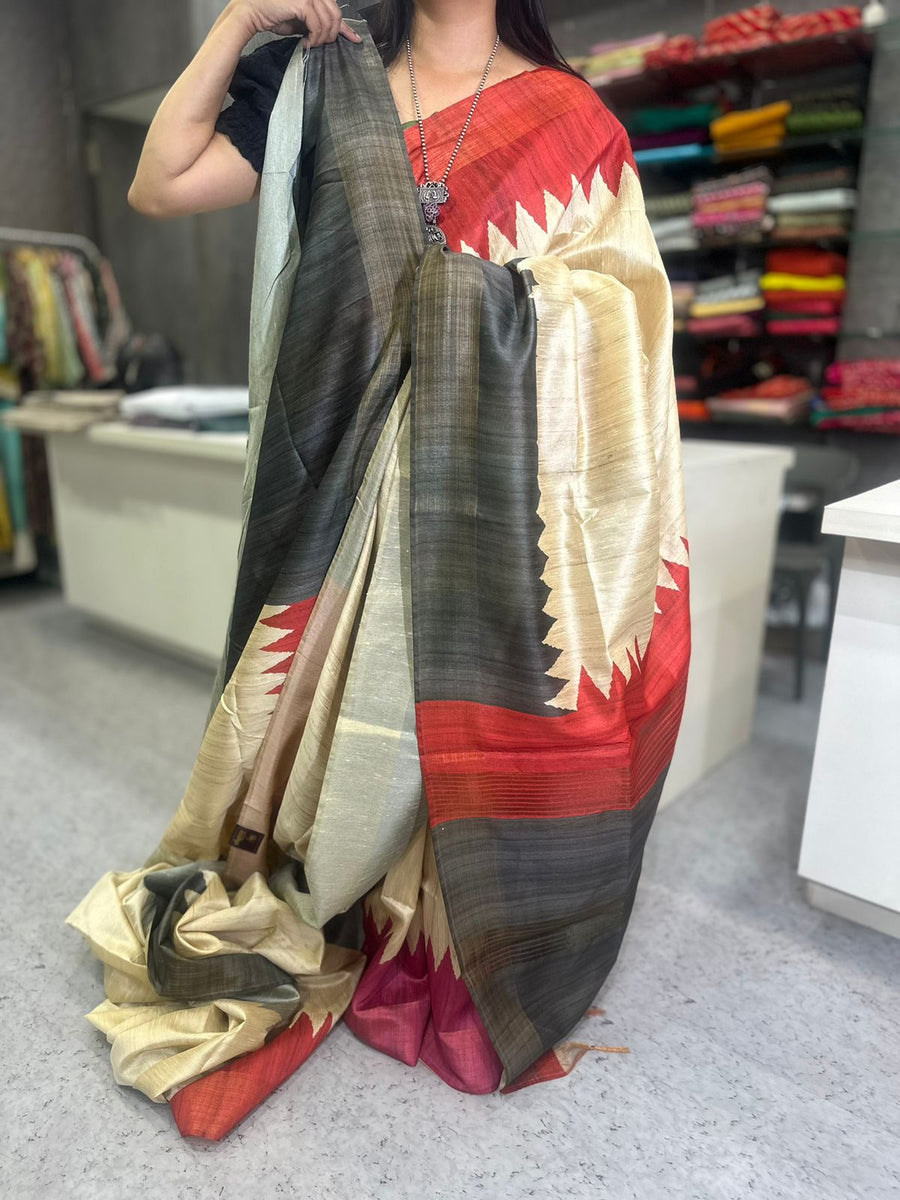 TEMPLE BORDER SEMI TUSSAR SAREE