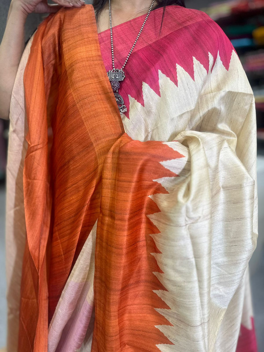 TEMPLE BORDER SEMI TUSSAR SAREE