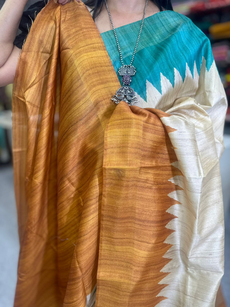 TEMPLE BORDER SEMI TUSSAR SAREE