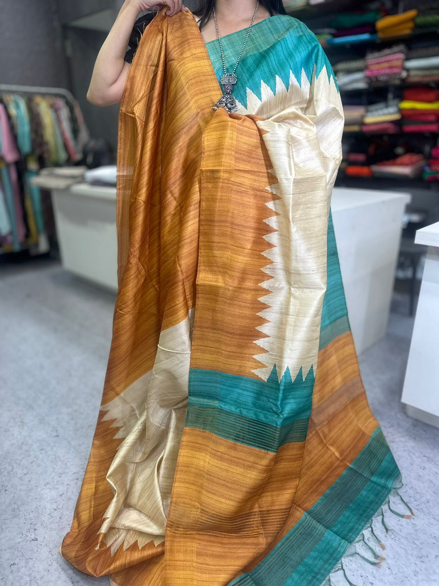 TEMPLE BORDER SEMI TUSSAR SAREE