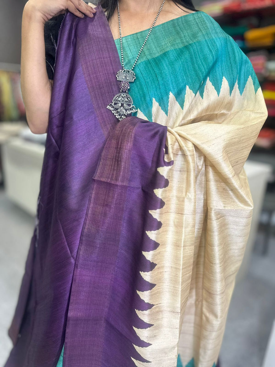 TEMPLE BORDER SEMI TUSSAR SAREE