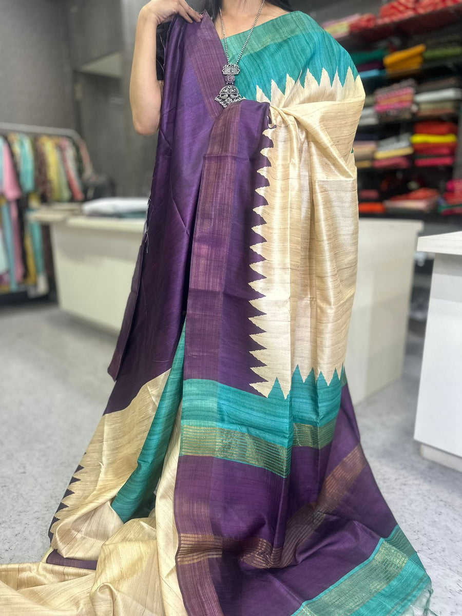 TEMPLE BORDER SEMI TUSSAR SAREE