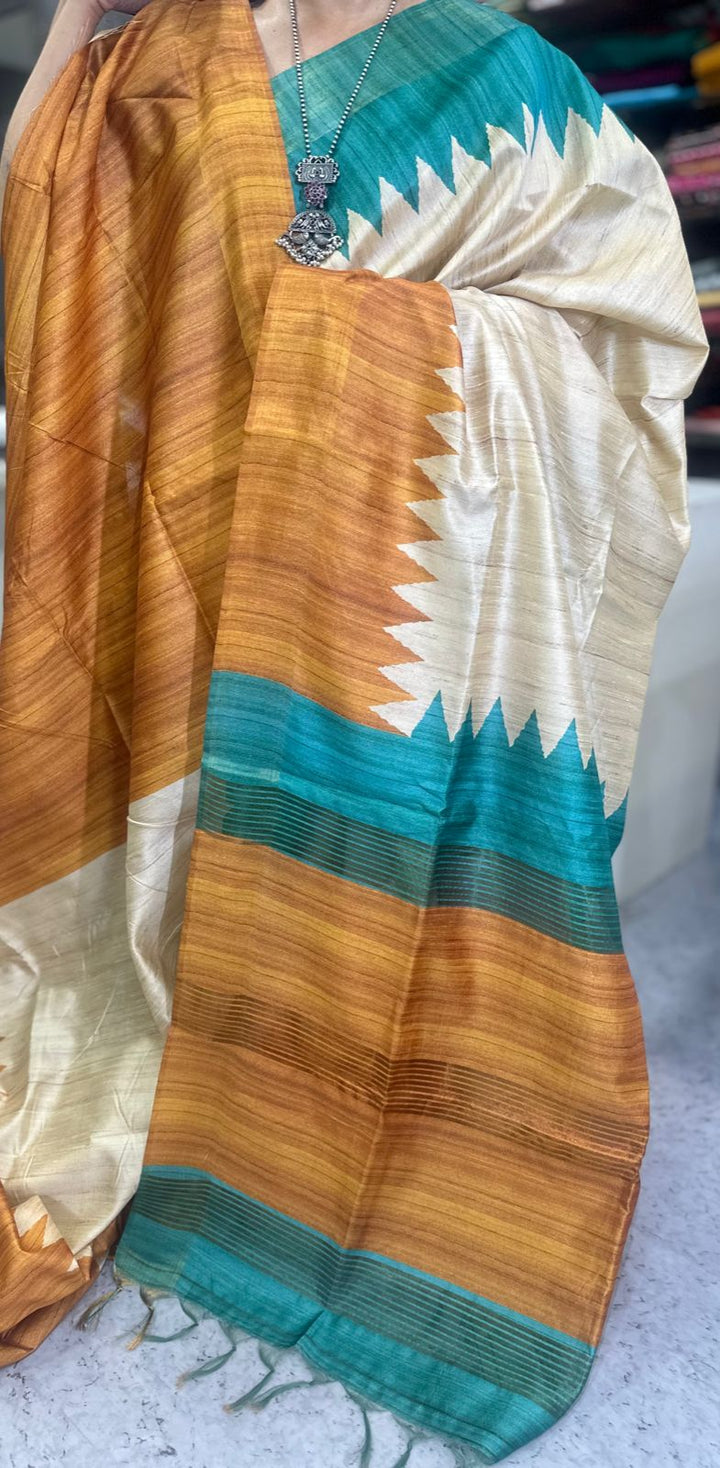 TEMPLE BORDER SEMI TUSSAR SAREE