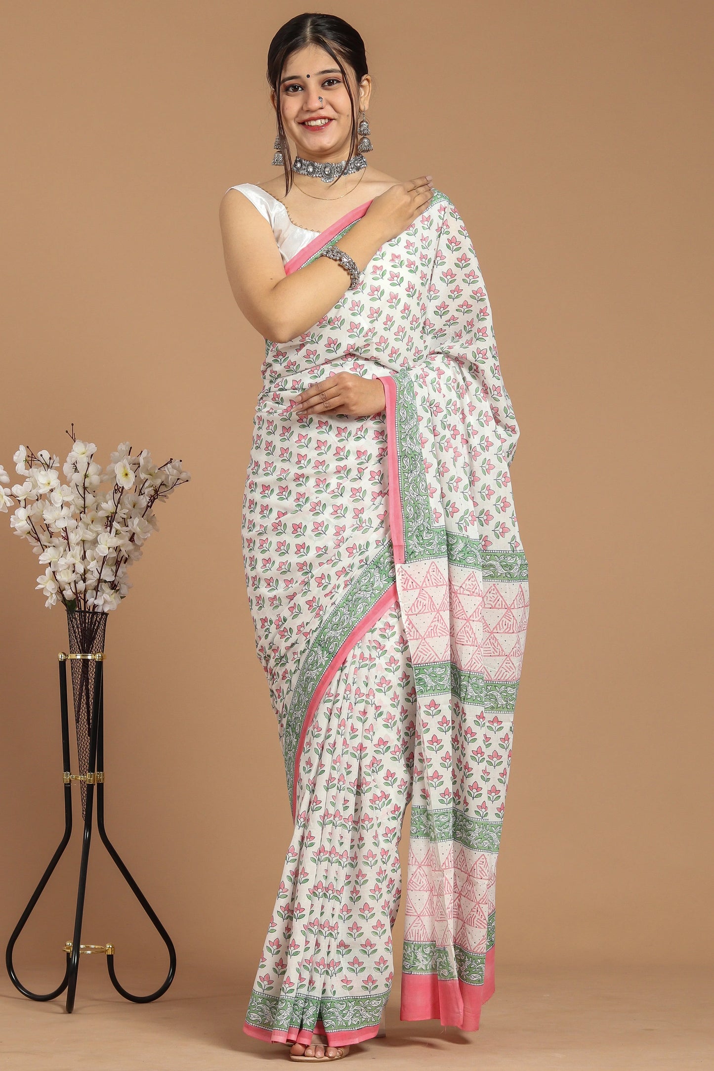 Hand Block Printed Pure mul Cotton Saree