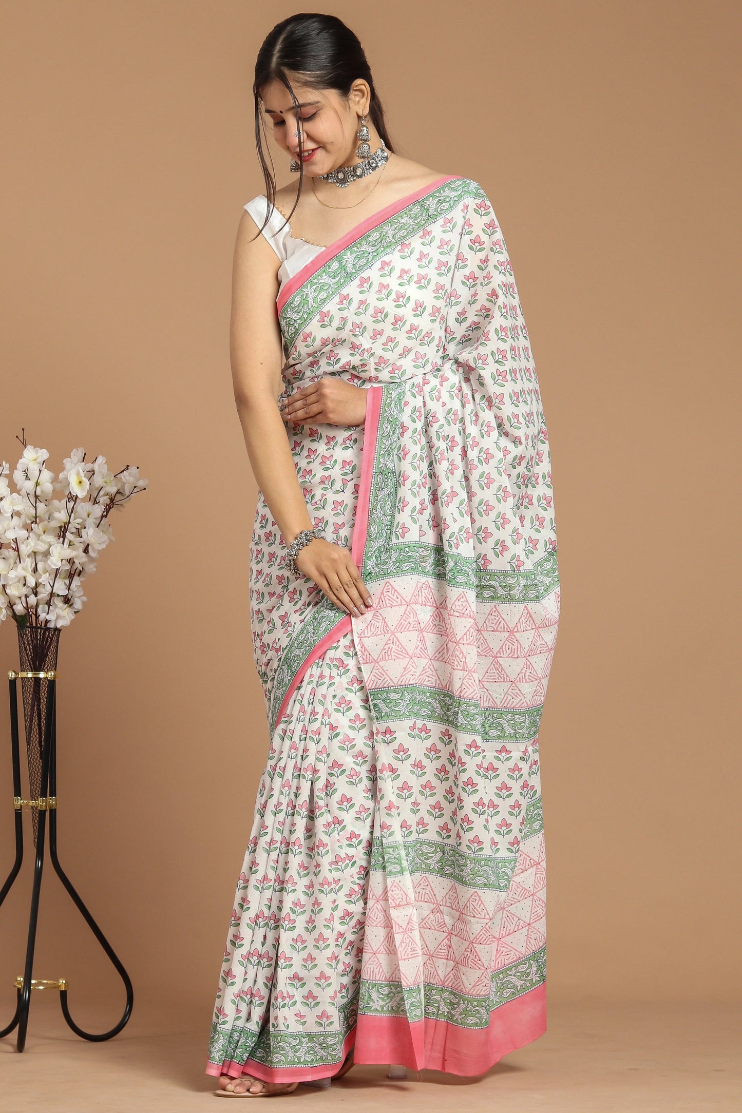 Hand Block Printed Pure mul Cotton Saree