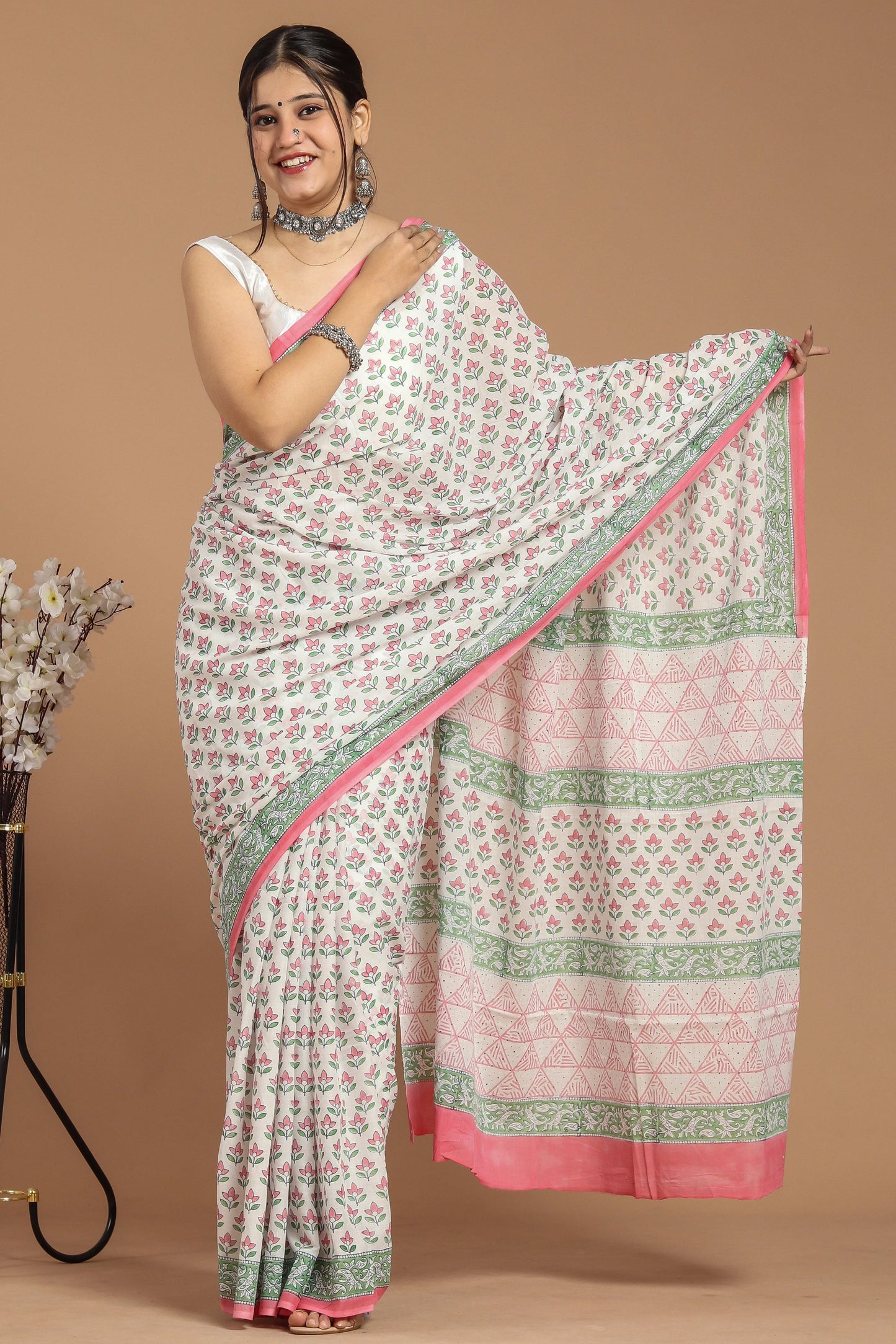 Hand Block Printed Pure mul Cotton Saree