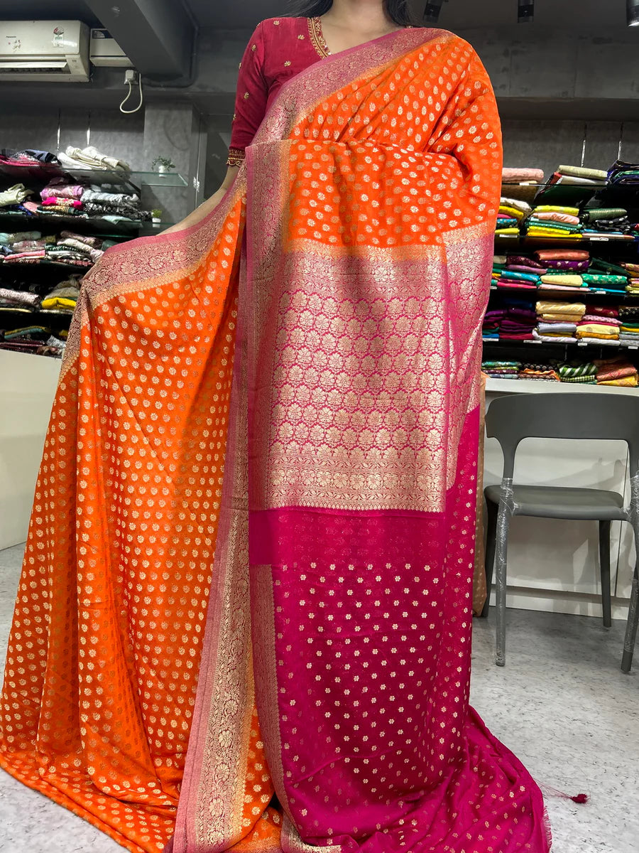 Orange and Pink Designer soft Georgette Silk Saree