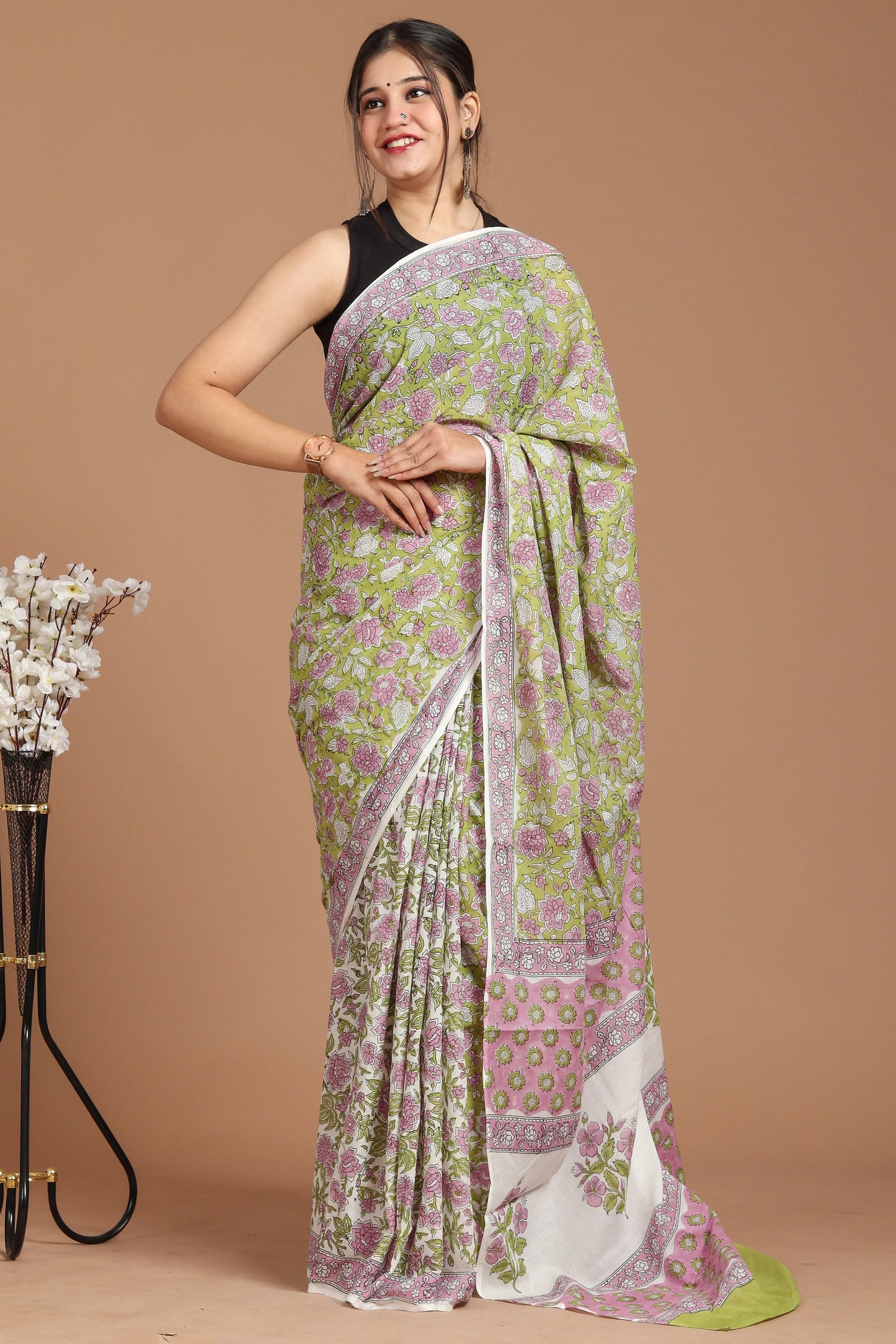 Hand Block Printed Pure mul Cotton Saree