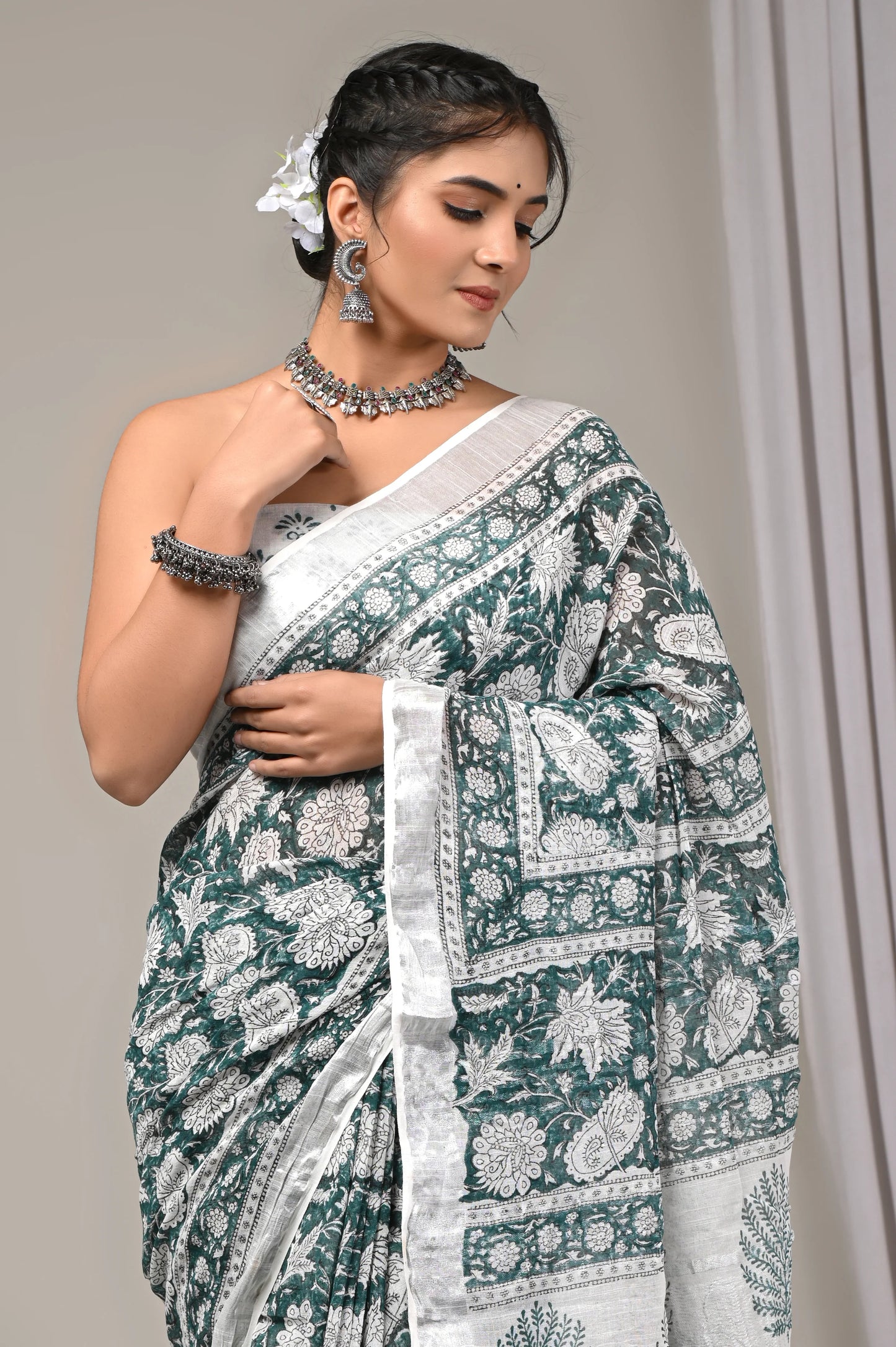 Hand Block Printed Linen Saree