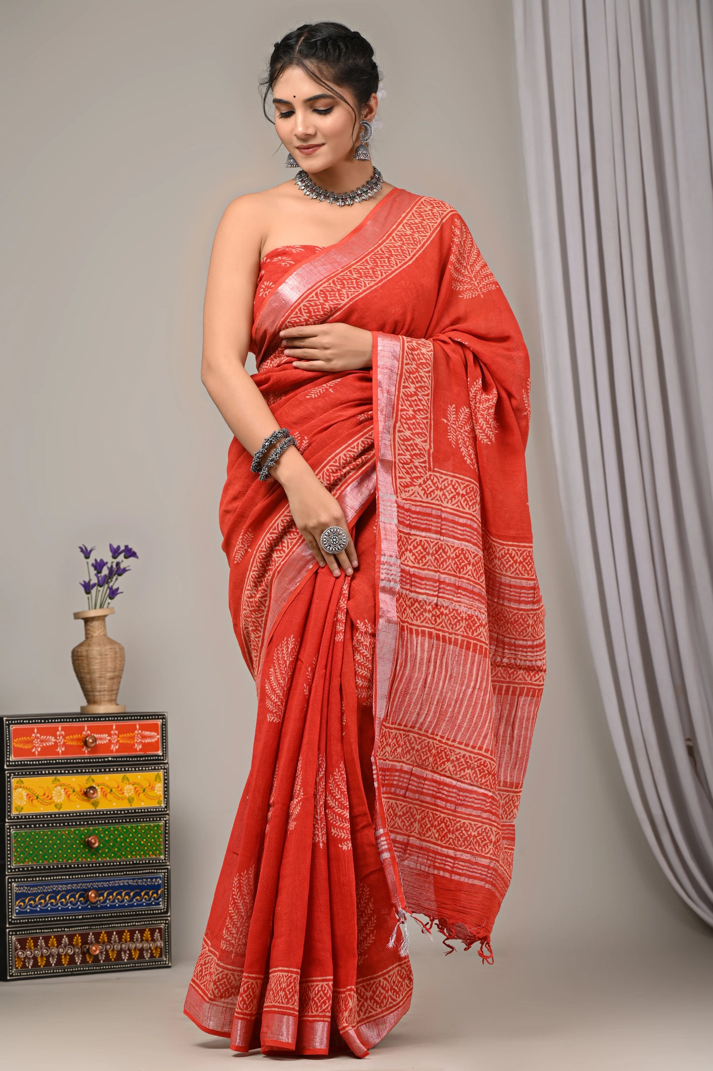 Hand Block Printed Linen Saree