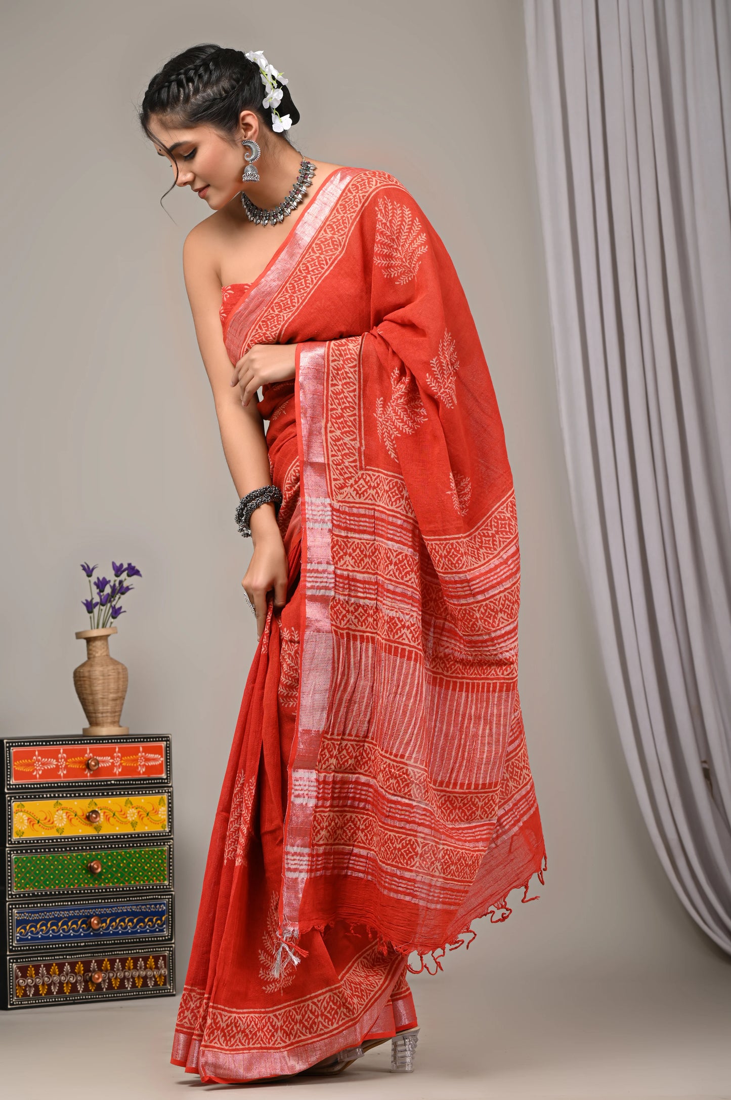 Hand Block Printed Linen Saree