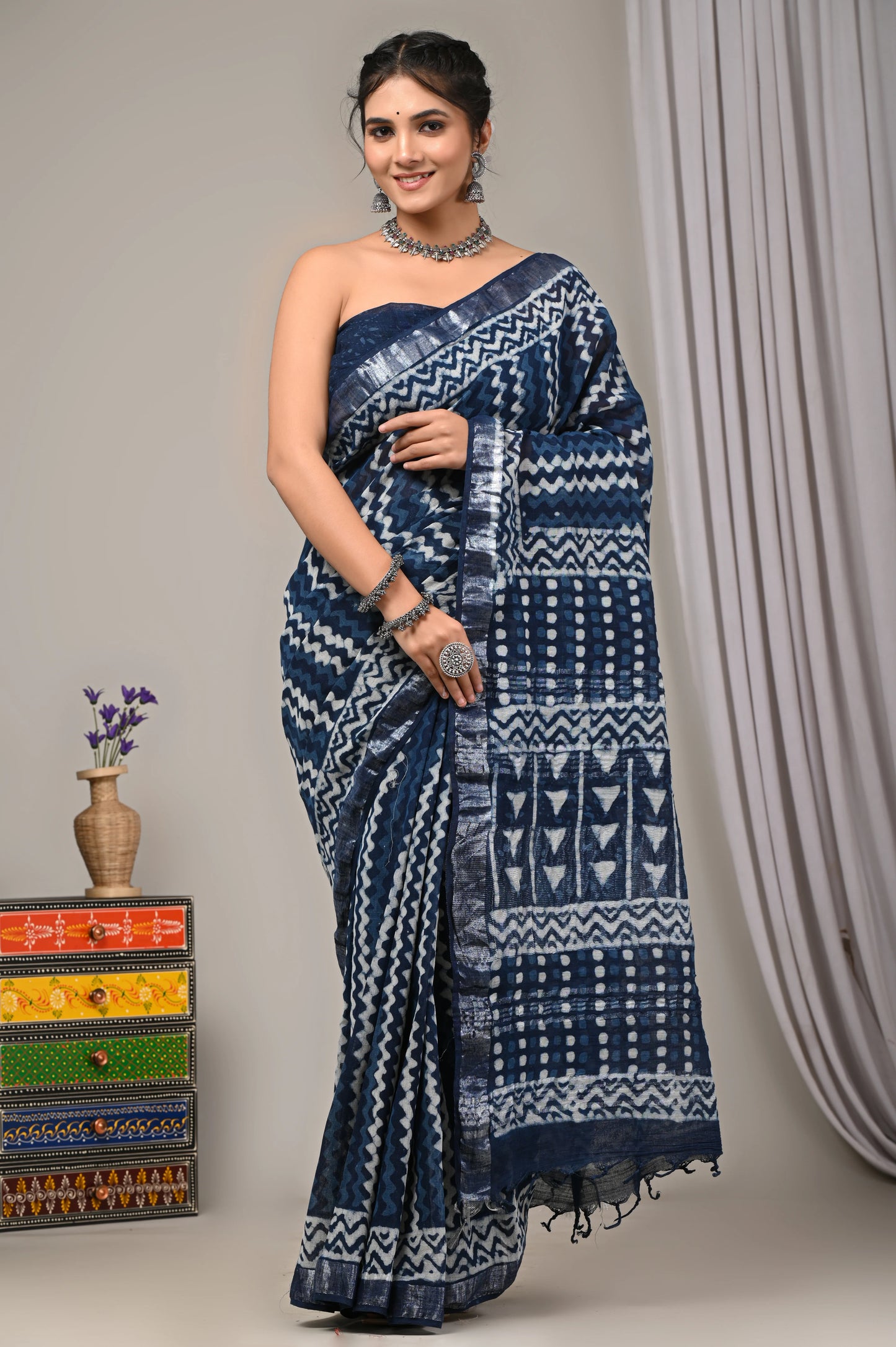 Hand Block Printed Linen Saree