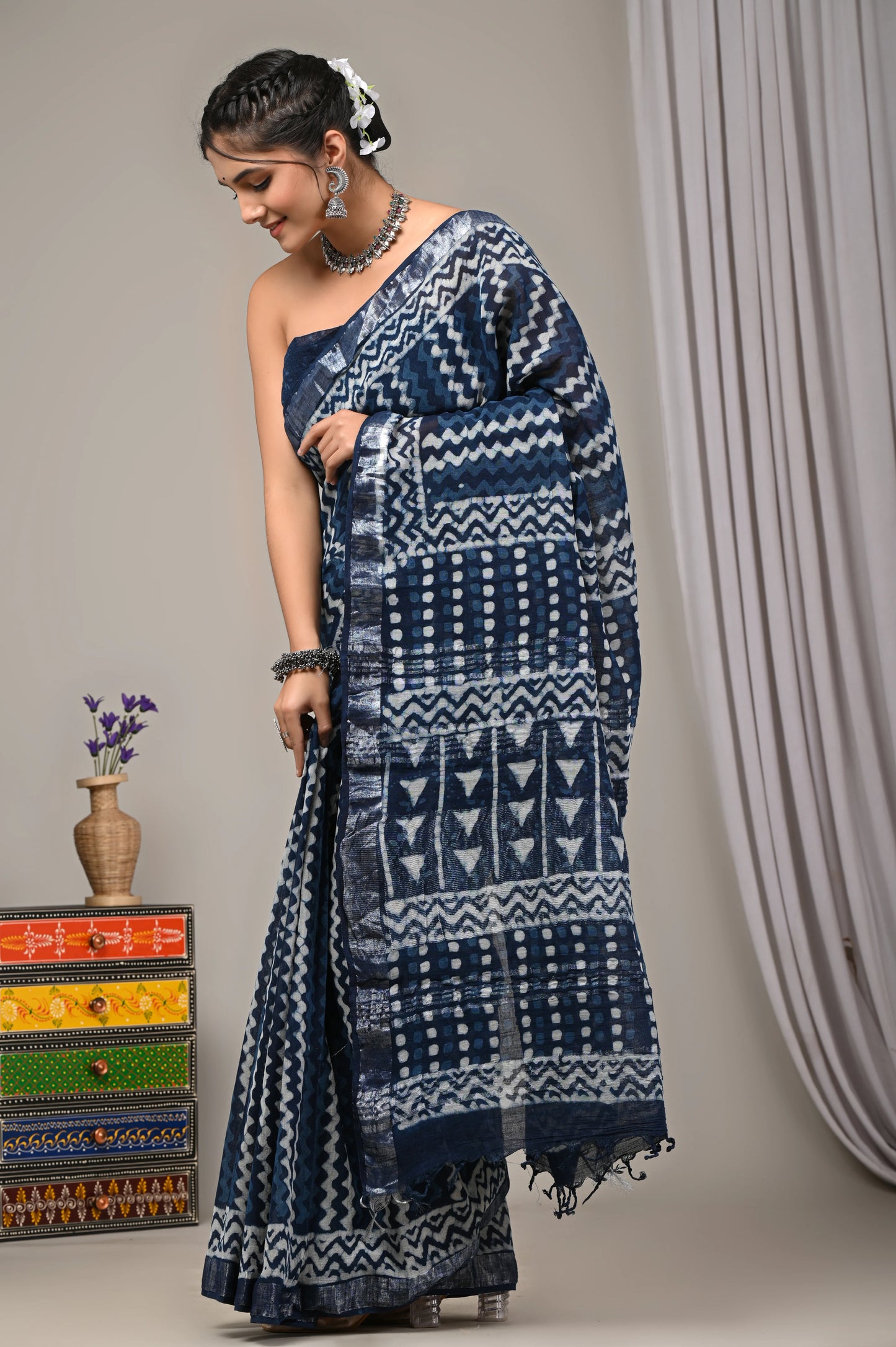 Hand Block Printed Linen Saree