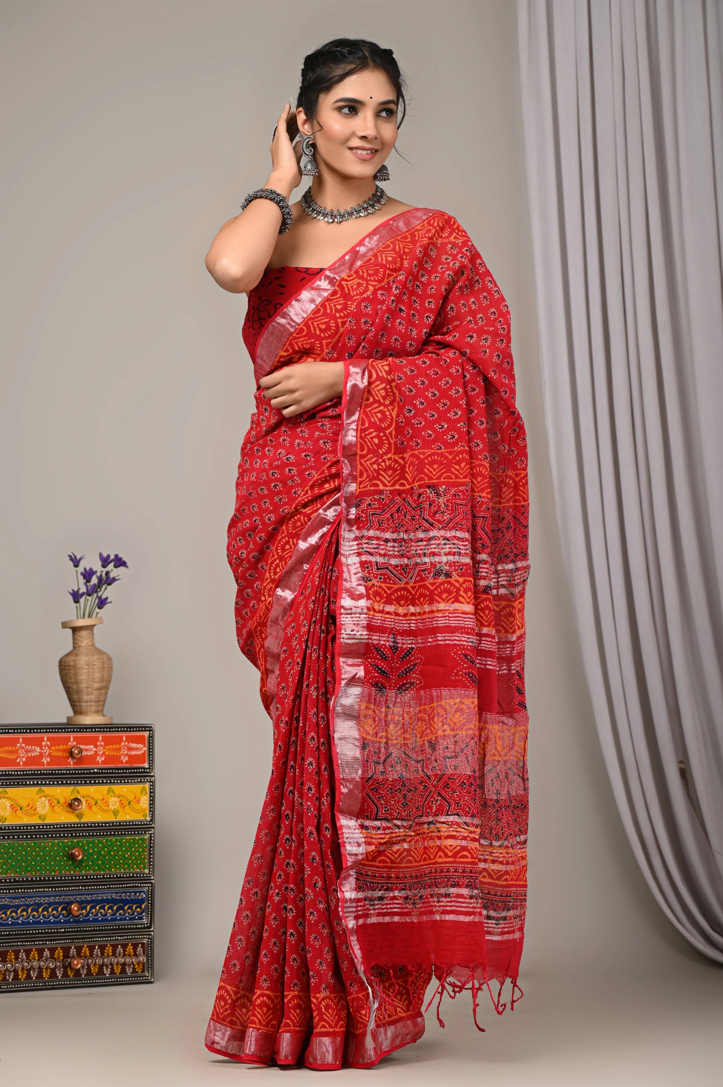 Hand Block Printed Linen Saree