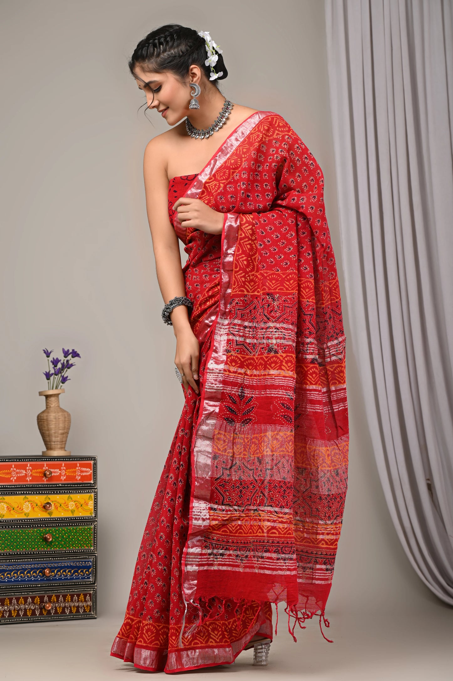 Hand Block Printed Linen Saree