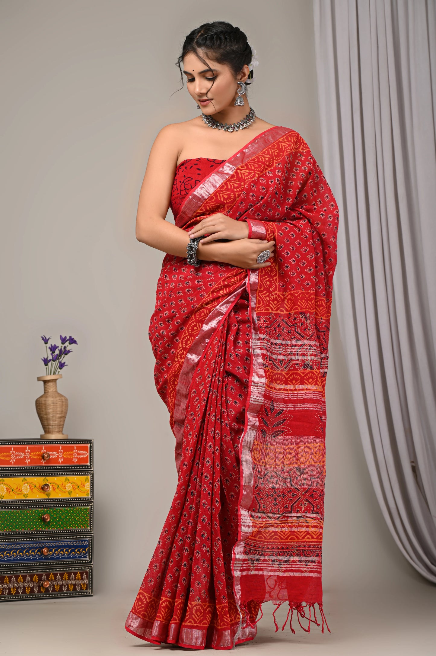 Hand Block Printed Linen Saree