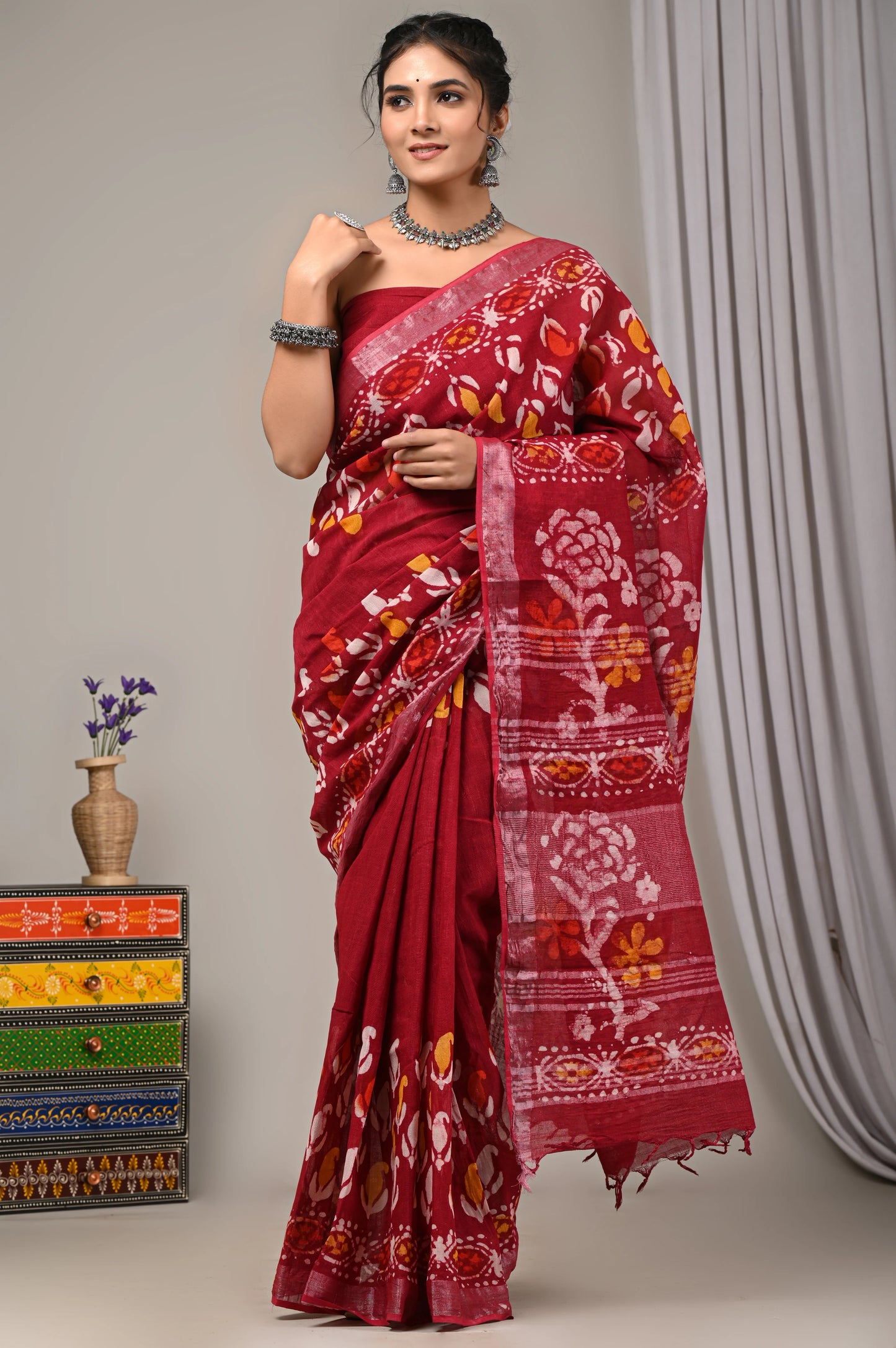 Hand Block Printed Linen Saree