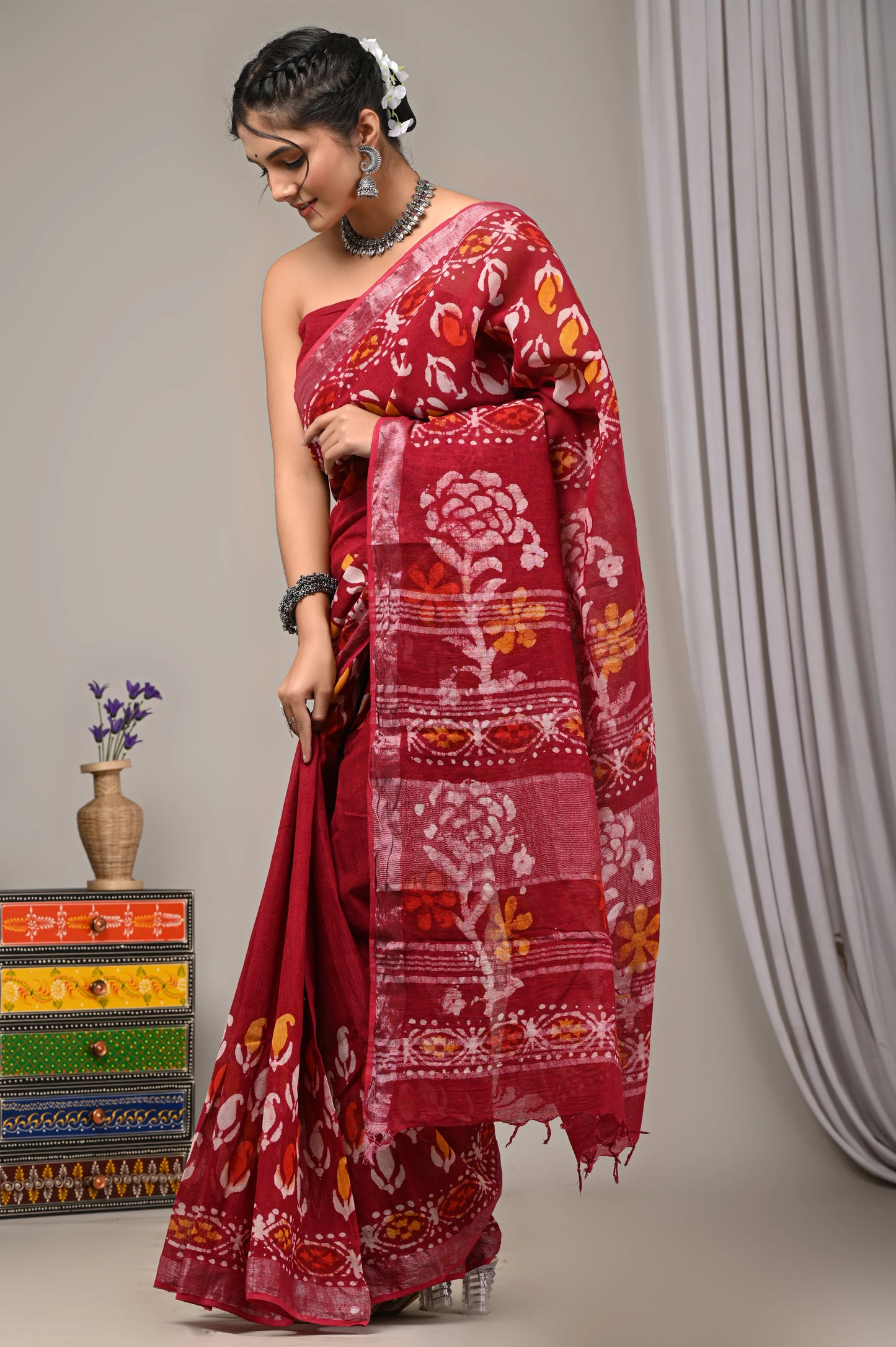 Hand Block Printed Linen Saree