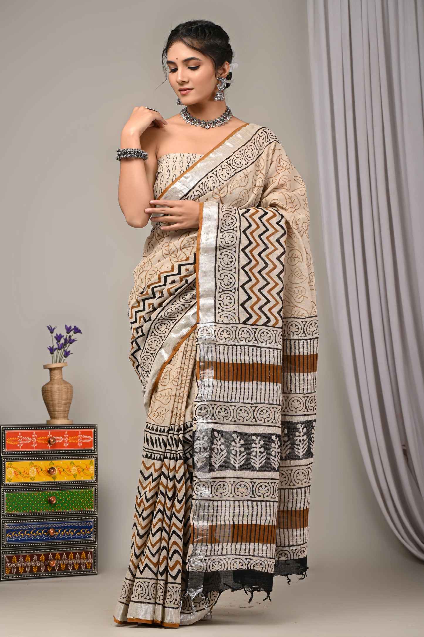 Hand Block Printed Linen Saree