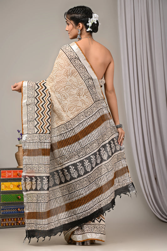 Hand Block Printed Linen Saree