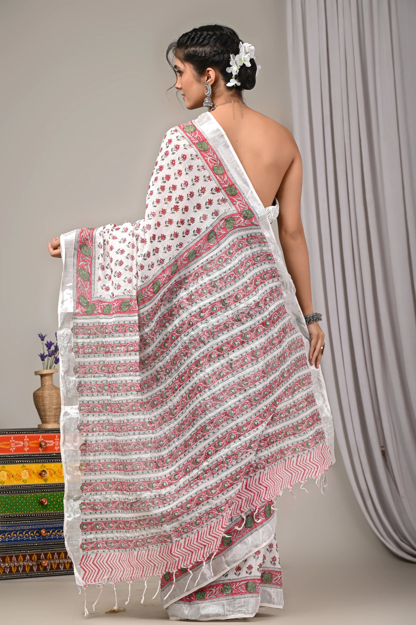 Hand Block Printed Linen Saree