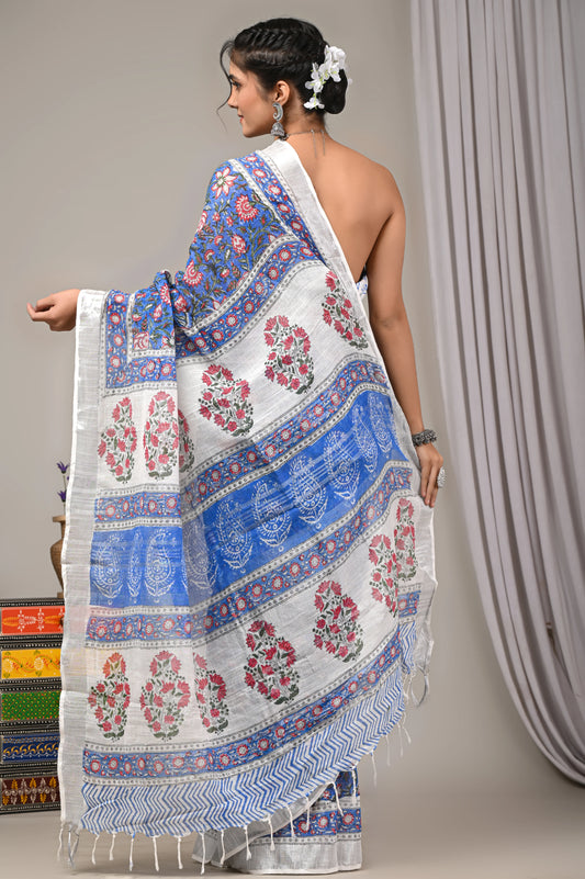 Hand Block Printed Linen Saree