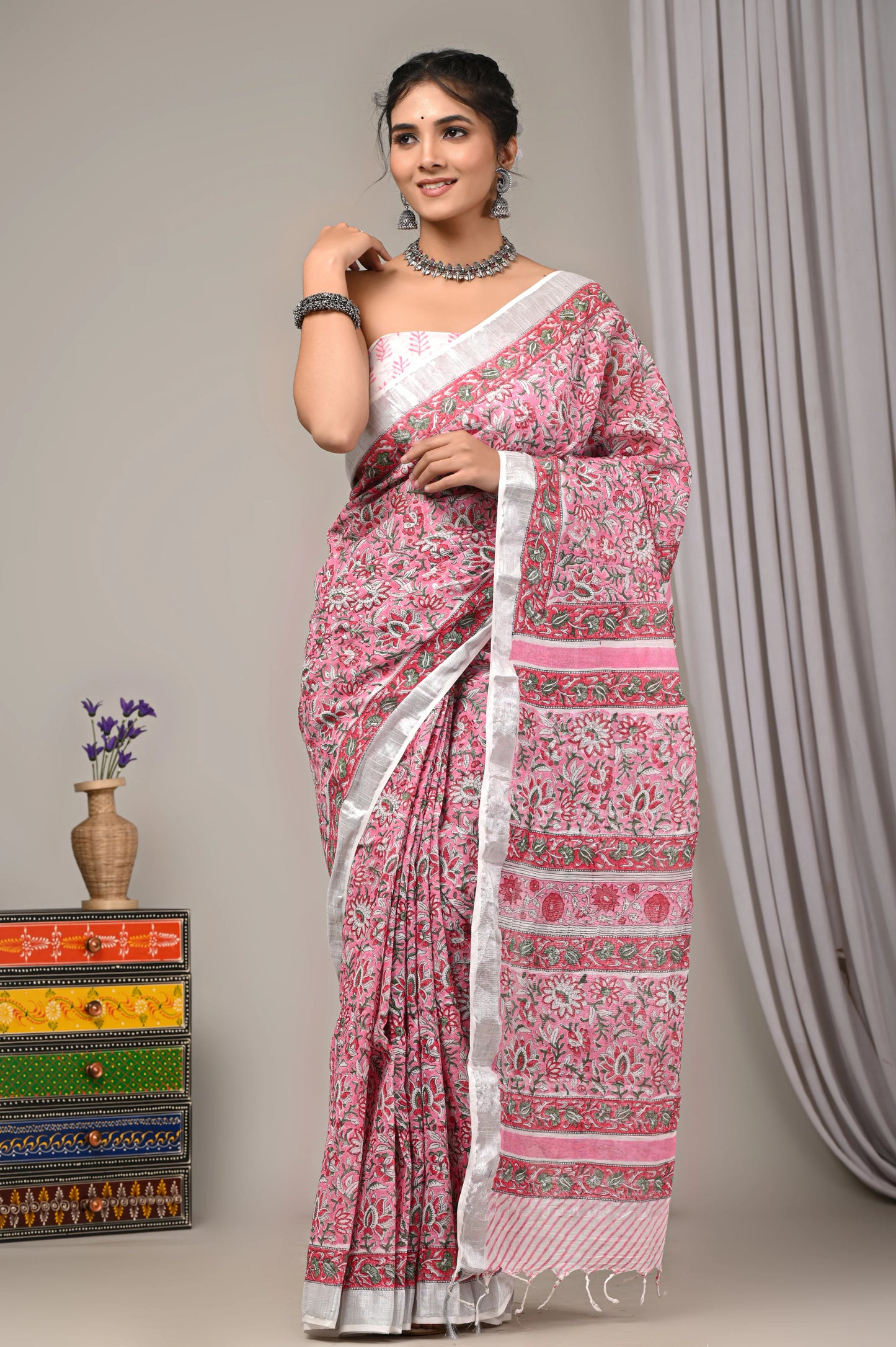 Hand Block Printed Linen Saree