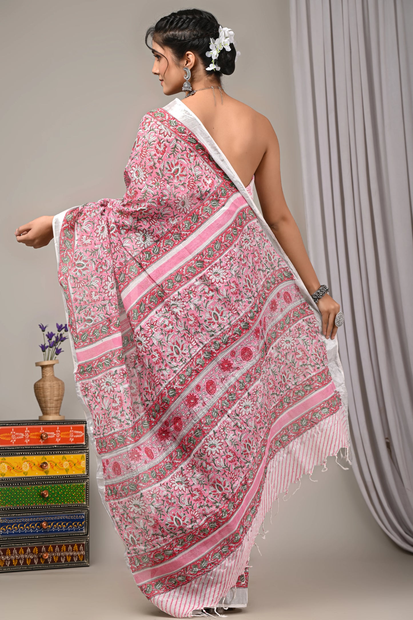 Hand Block Printed Linen Saree