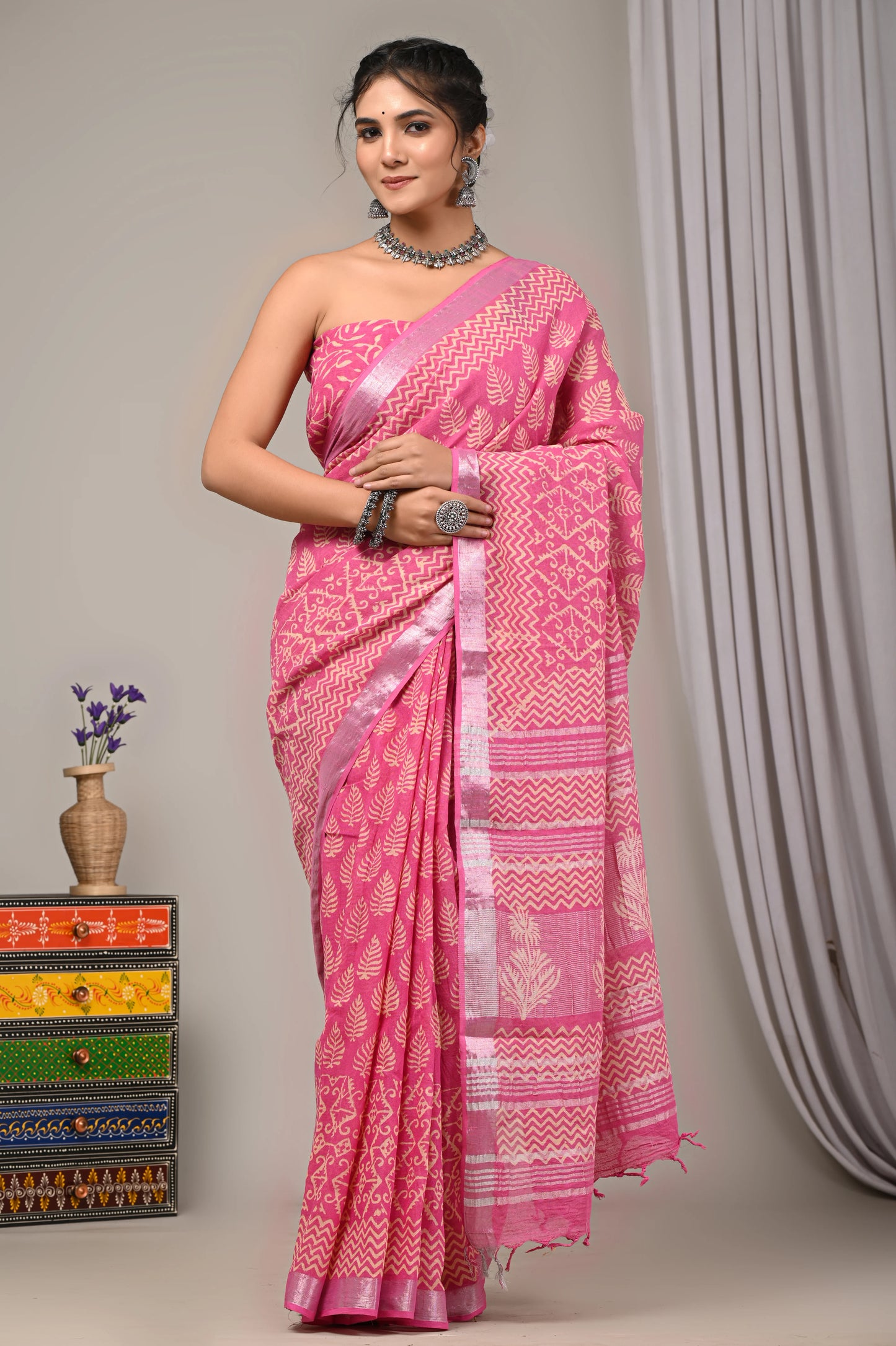 Hand Block Printed Linen Saree