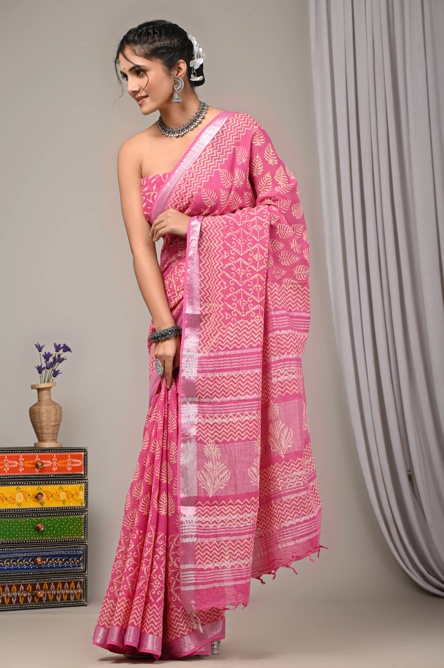 Hand Block Printed Linen Saree